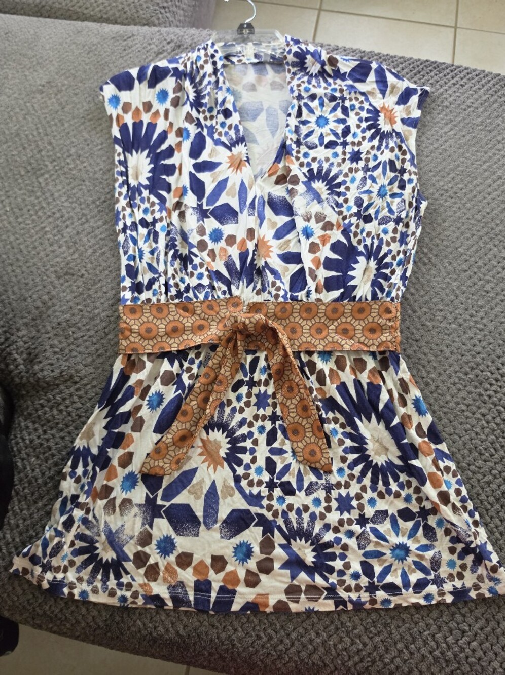 Charlotte Russe Navy, White & Brown Printed Tie-Waist Tunic